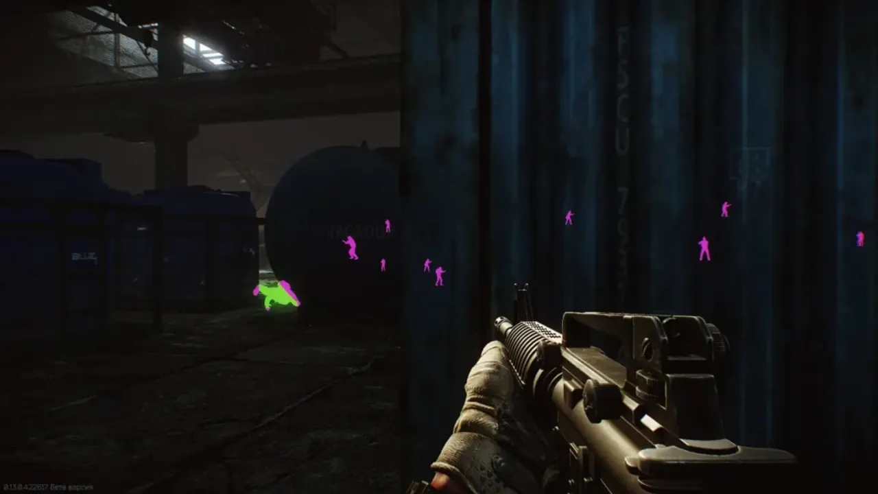 Escape From Tarkov warehouse raid with pink and green ESP silhouettes of players through blue shipping containers