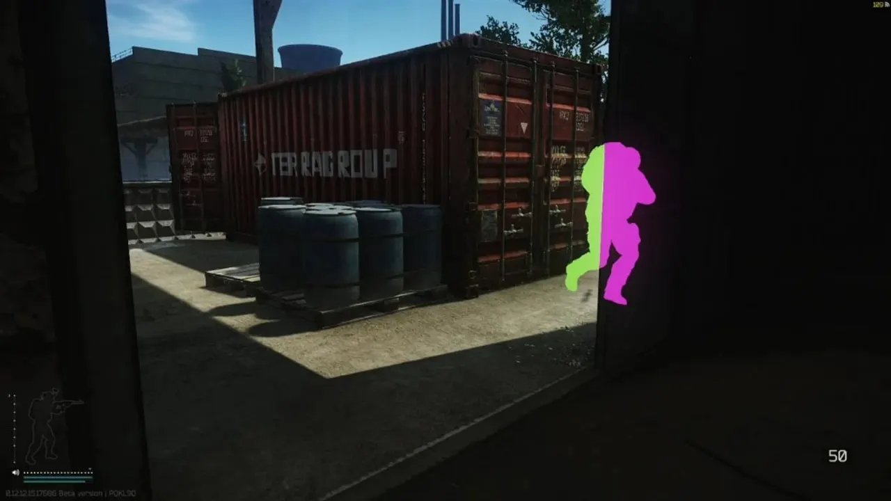 Escape From Tarkov ESP chams at TerraGroup containers with green and magenta players visible through a corner