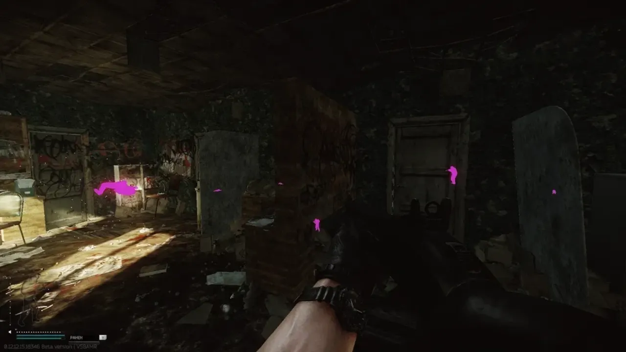 Escape From Tarkov wallhack gameplay in a dark building with pink enemy ESP silhouettes through walls and doors